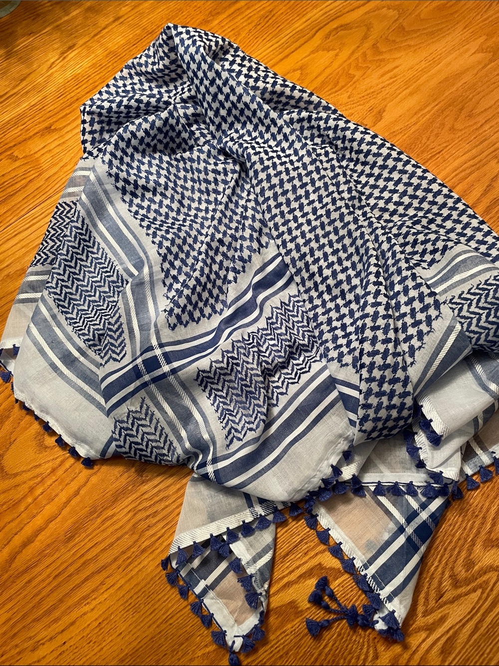 Unisex Blue & White Patterned Shemagh with Tassel Trim from Egypt